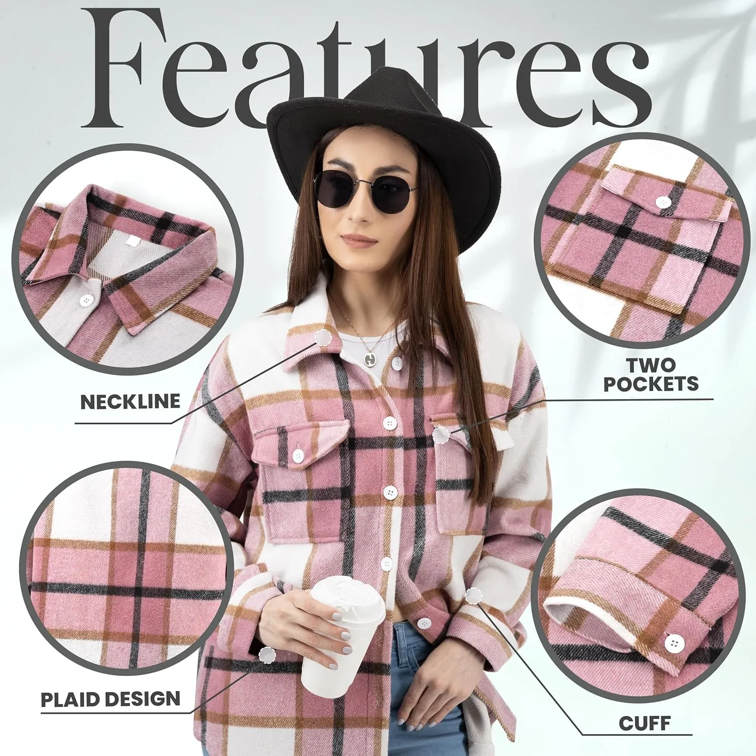 NY Threads Women's Flannel Plaid Shacket Button Down Long Sleeve Loose Fit Shirt Casual Jacket Coat