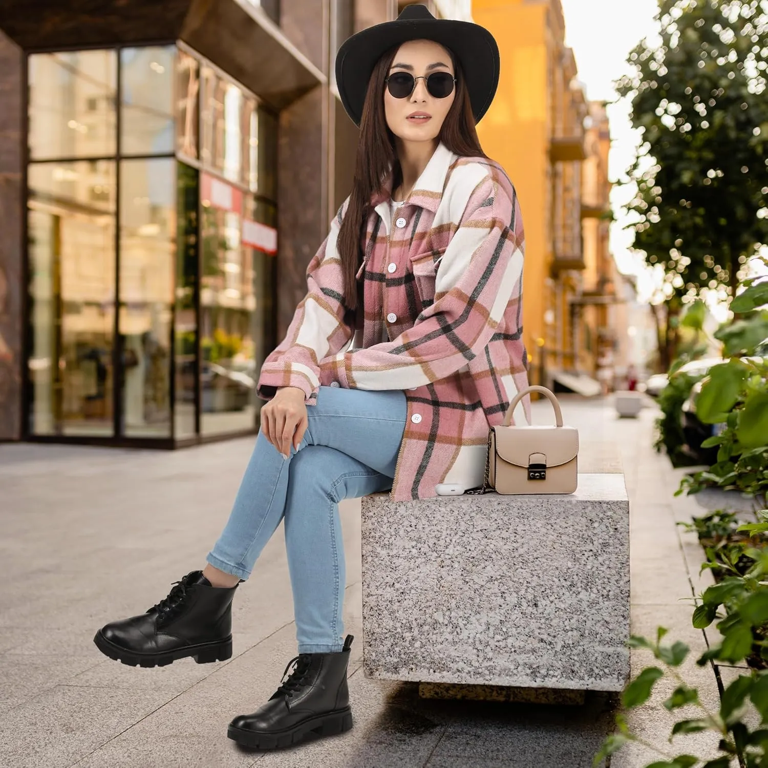 NY Threads Women's Flannel Plaid Shacket Button Down Long Sleeve Loose Fit Shirt Casual Jacket Coat