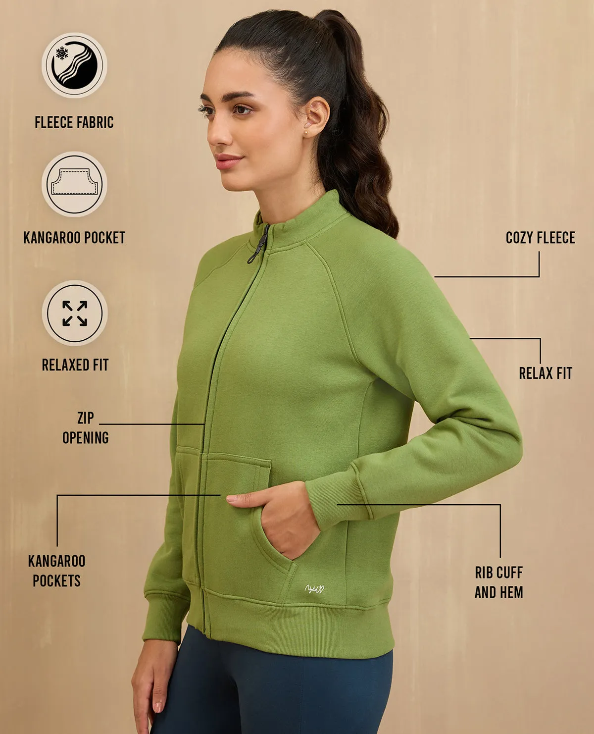 NYKD By Nykaa Cozy Fleece Zippered Jacket -NYLE704-Green