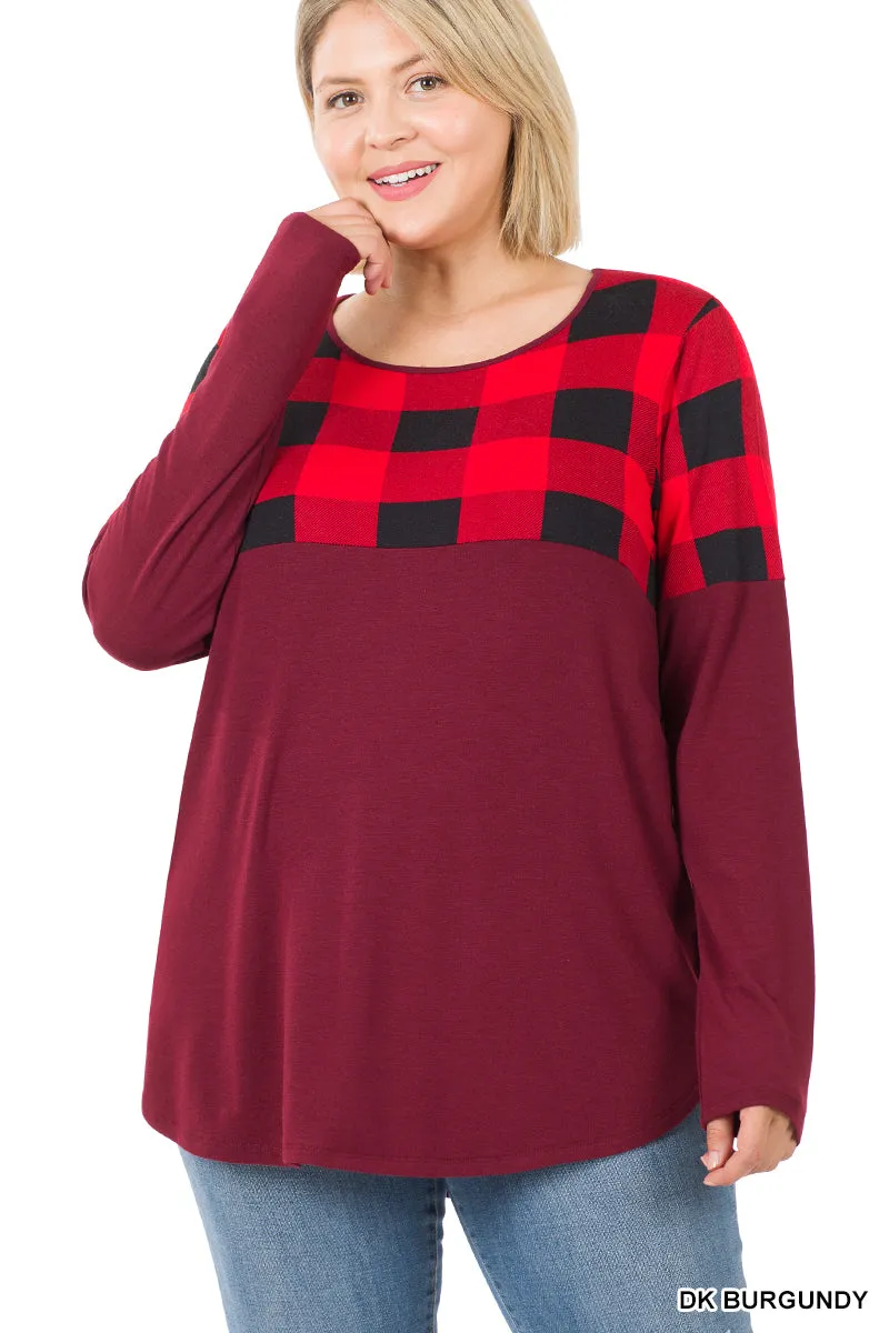 Plaid Color Block Long Sleeve Burgundy