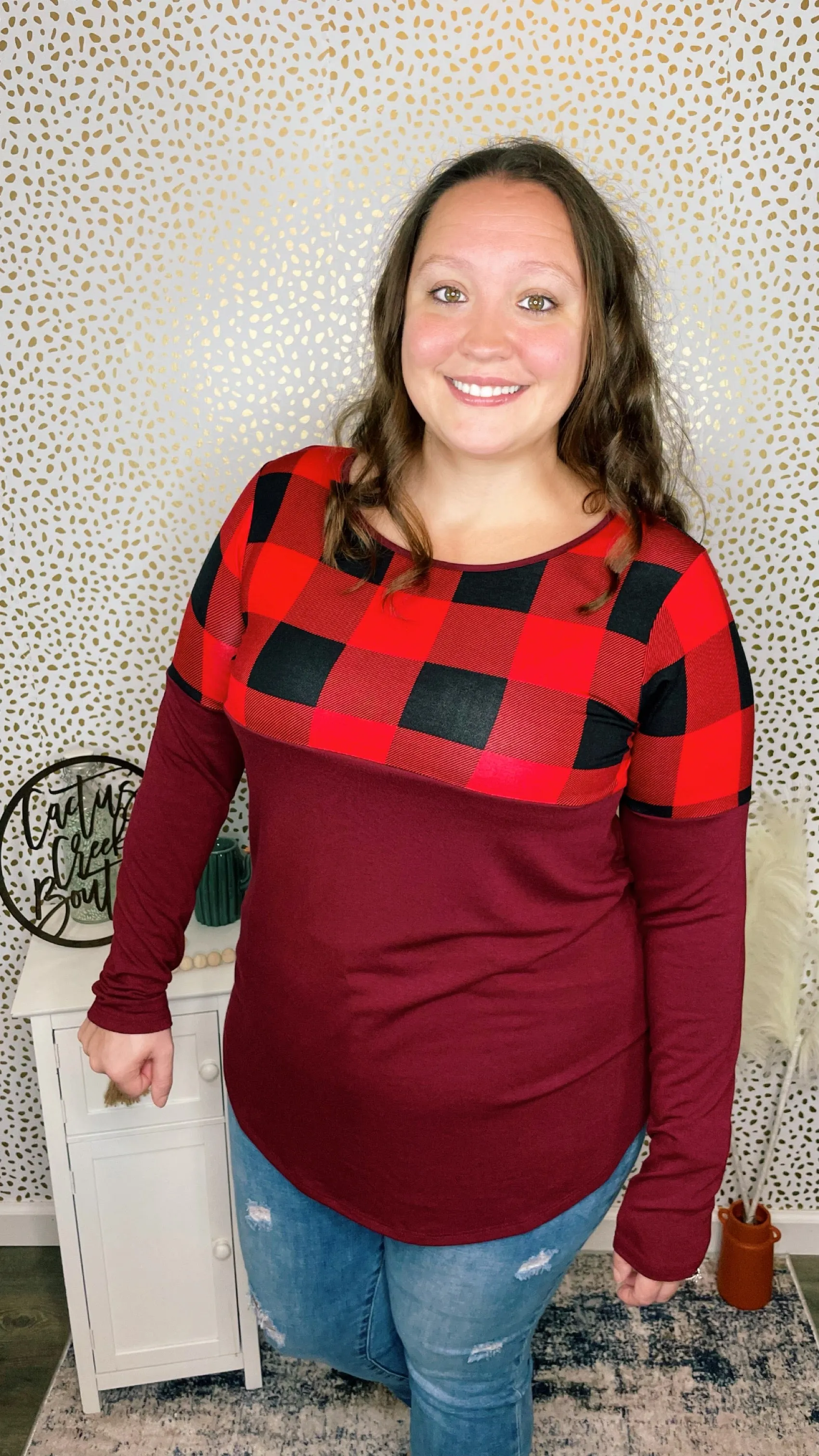 Plaid Color Block Long Sleeve Burgundy