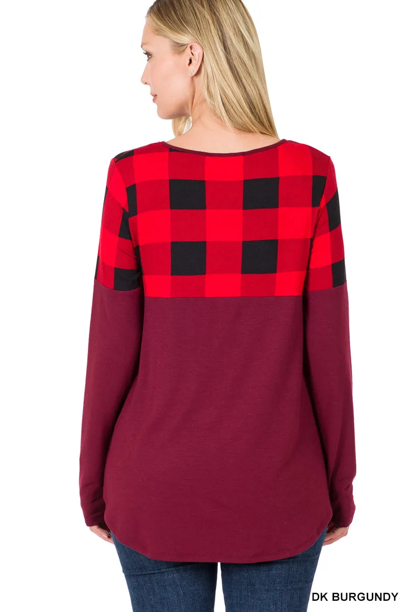 Plaid Color Block Long Sleeve Burgundy