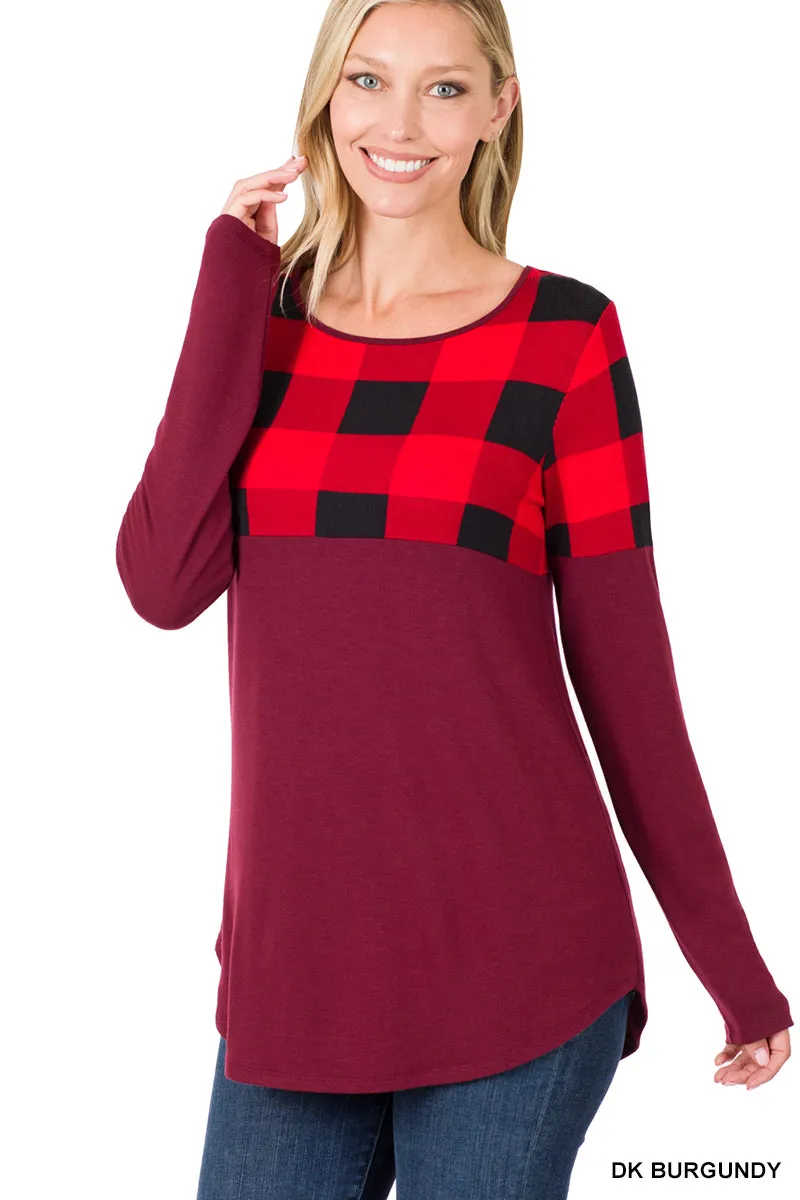 Plaid Color Block Long Sleeve Burgundy