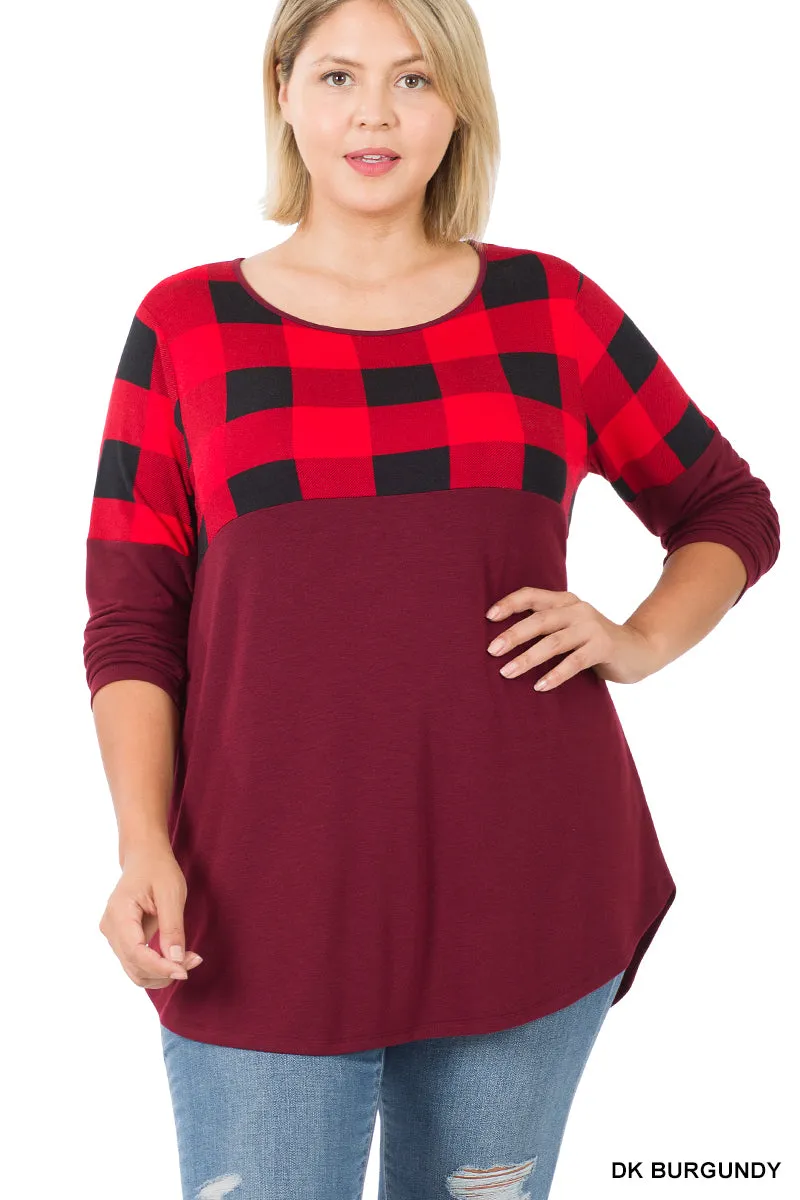 Plaid Color Block Long Sleeve Burgundy