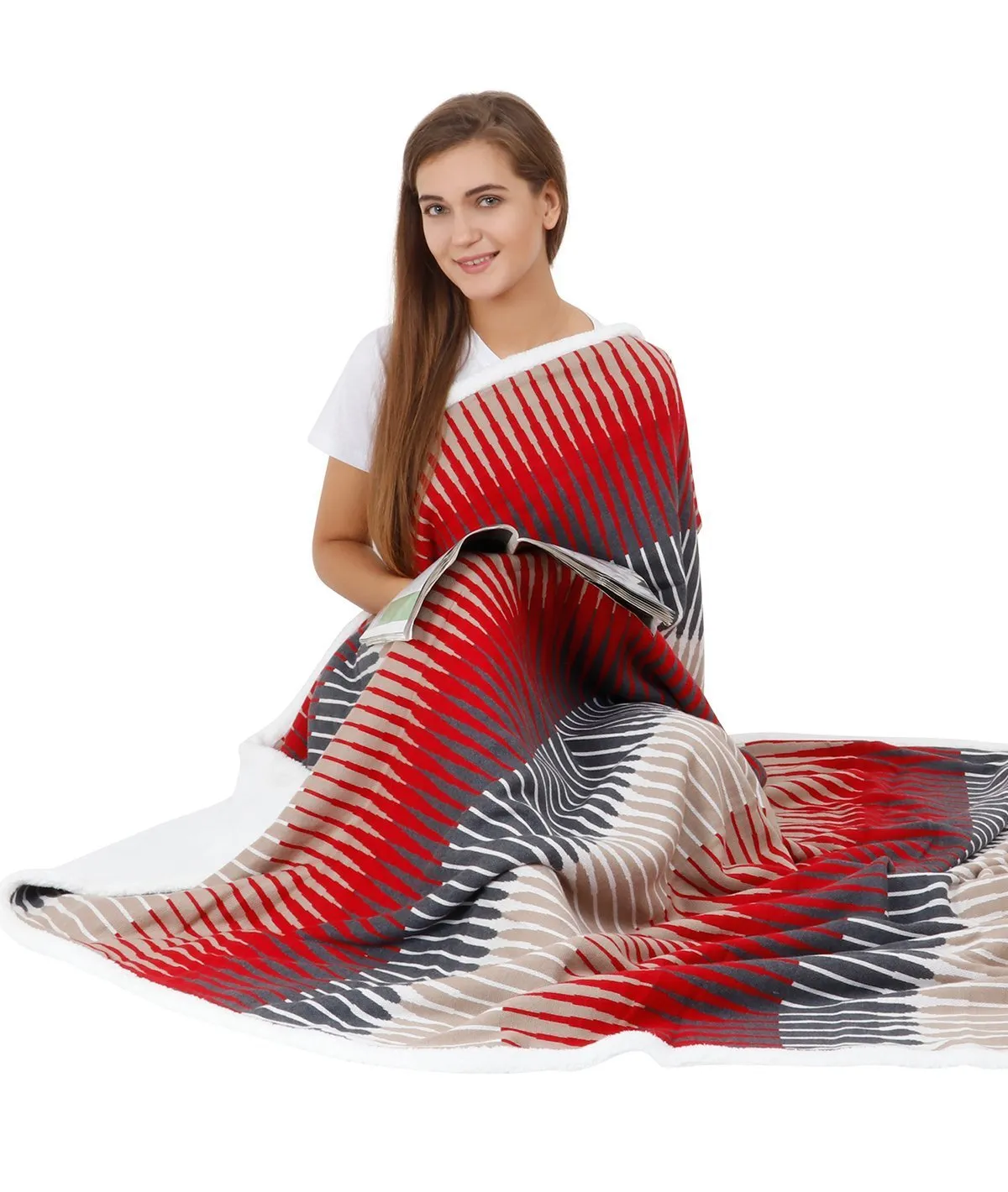 Reda - Multicolor Cotton Knitted Single Bed Blanket layered with Warm Sherpa Fabric