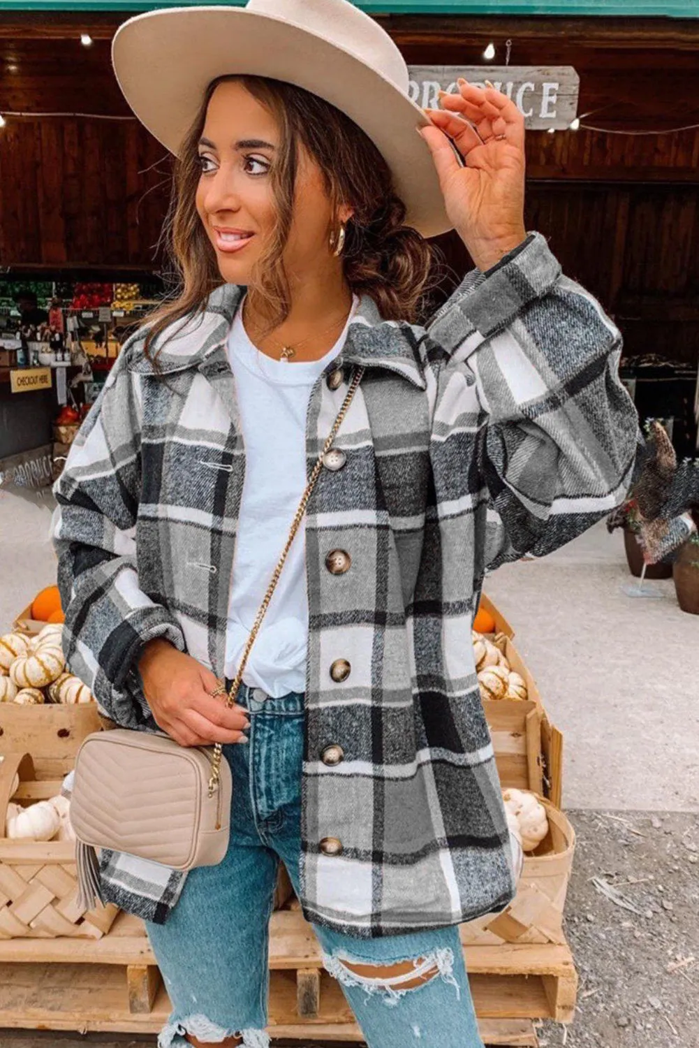Roswell Gray Plaid Print Buttoned Shirt Jacket
