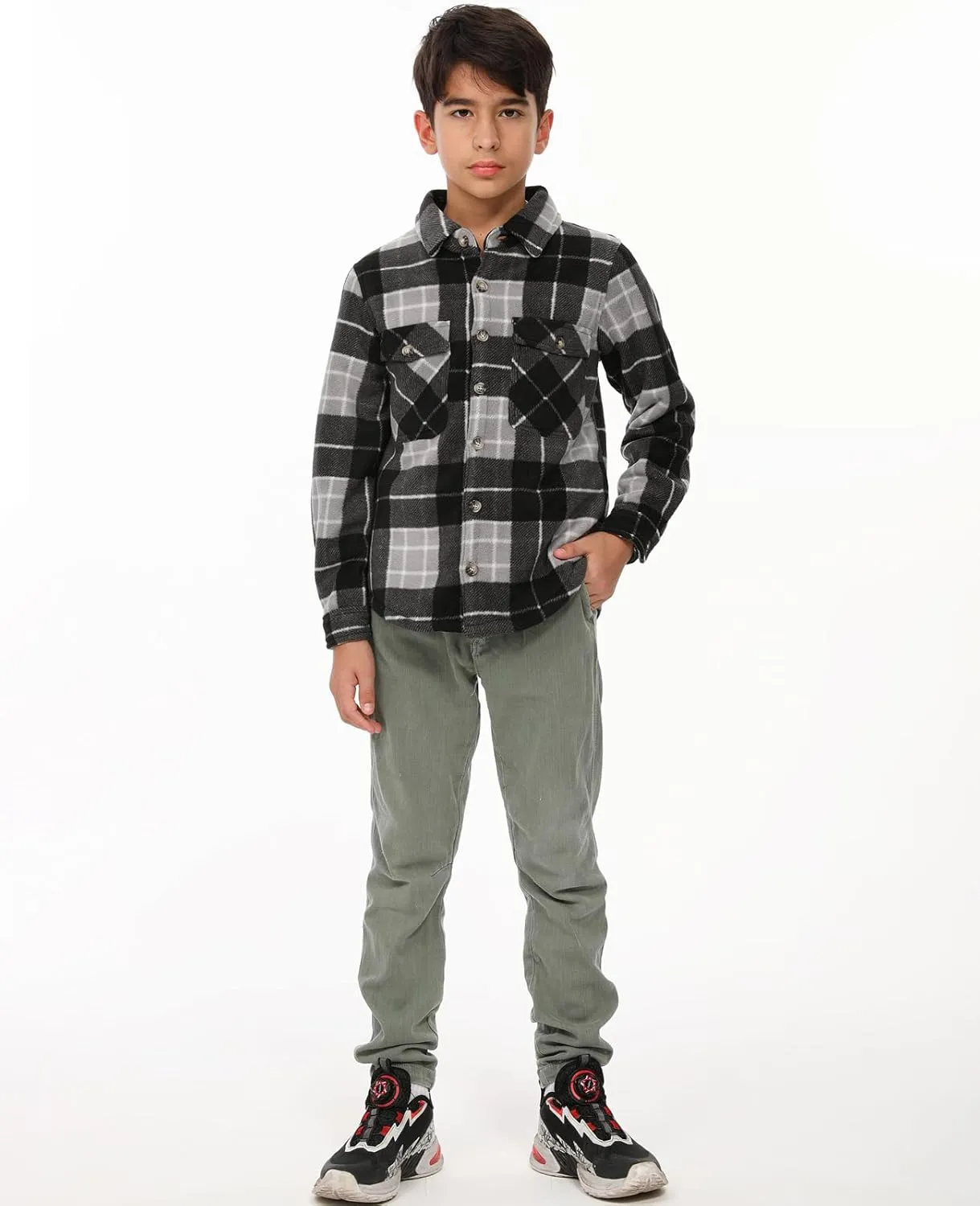 ThCreasa Boys Warm Sherpa Lined Buffalo Plaid Fleece Button Down Shirt Jacket