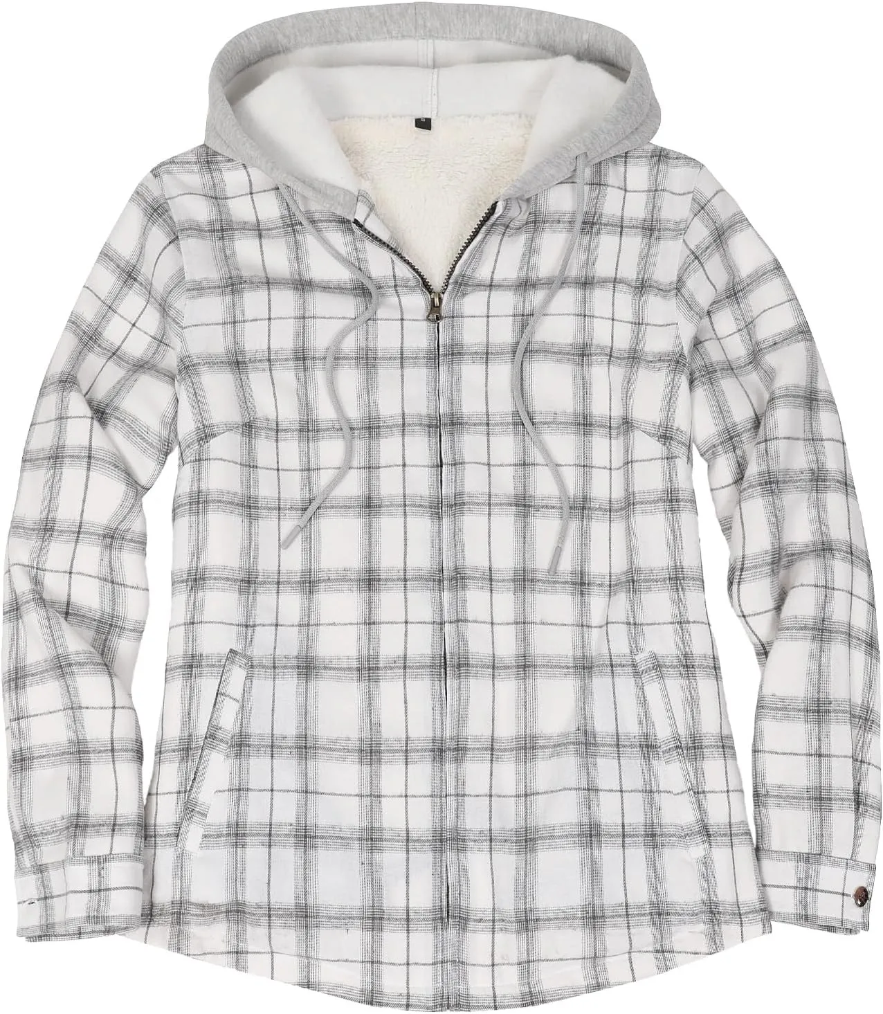 ThCreasa Womens Full Sherpa Lined Plaid Flannel Hooded Jacket with Hand Pockets, Zip Up Fuzzy Hoodie Flannel Shacket