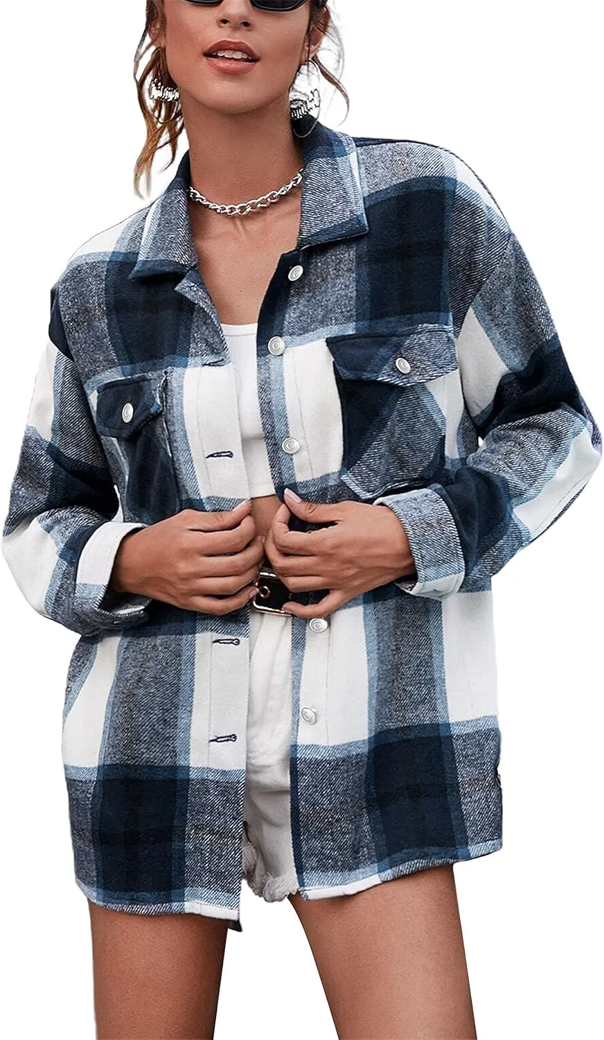 UANEO Womens Plaid Shacket Button Down Wool Blend Fall Flannel Shirt Jacket