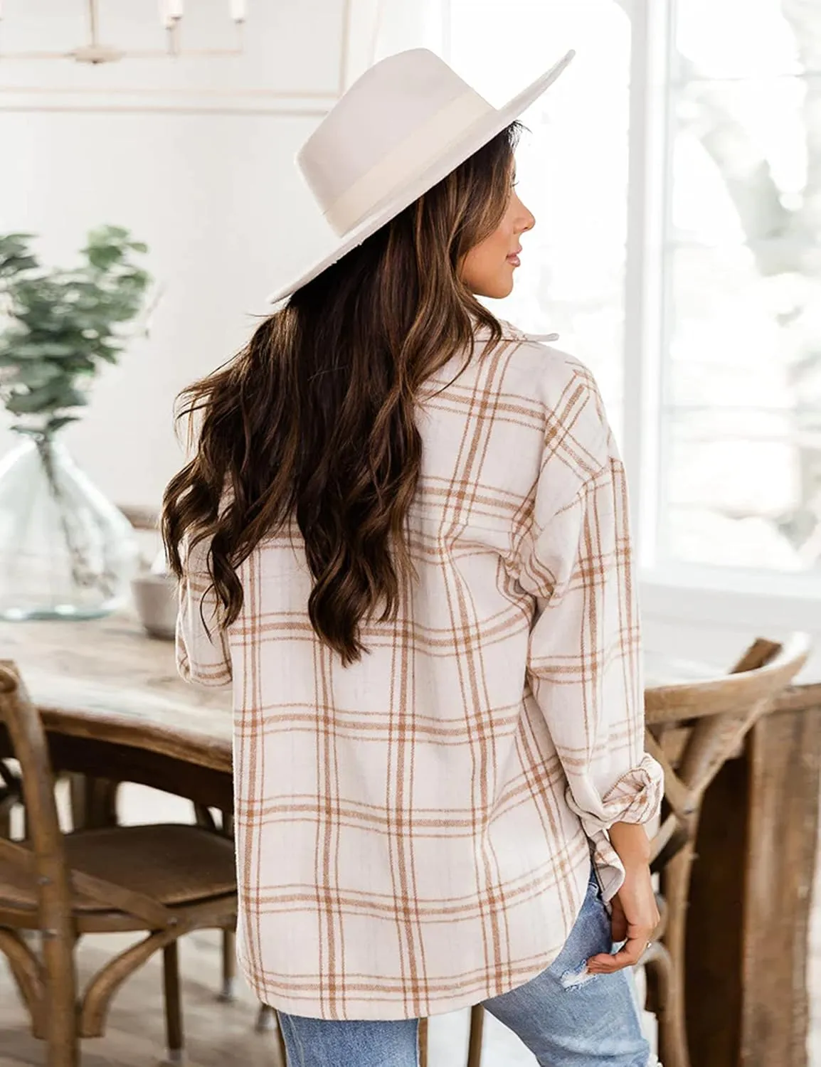 UANEO Womens Plaid Shacket Button Down Wool Blend Fall Flannel Shirt Jacket
