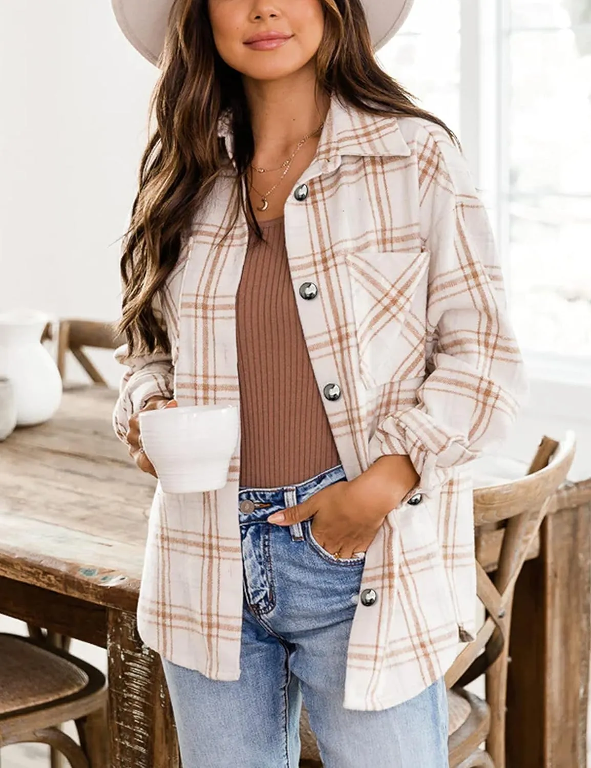 UANEO Womens Plaid Shacket Button Down Wool Blend Fall Flannel Shirt Jacket