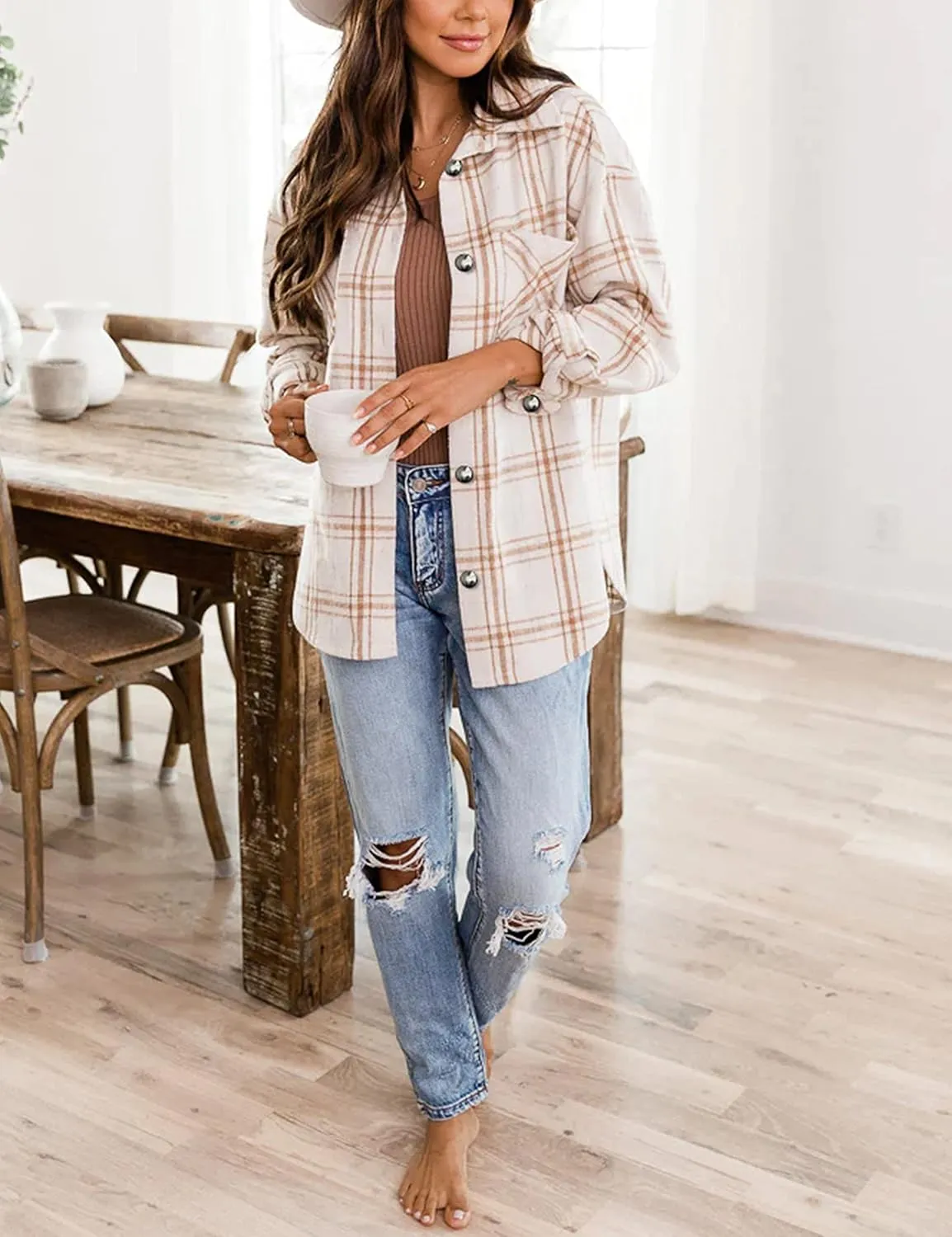 UANEO Womens Plaid Shacket Button Down Wool Blend Fall Flannel Shirt Jacket