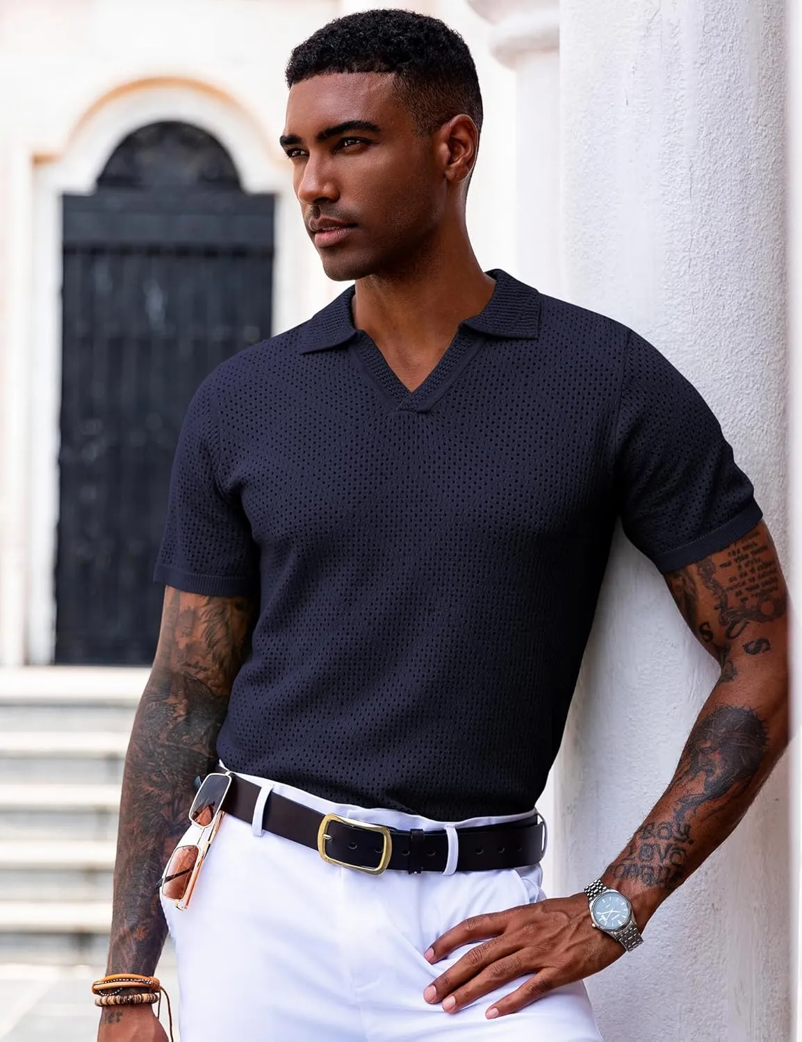URRU Mens Knit Polo Shirt Short Sleeve Hollow Out Shirt Texture Knitted Polo Shirts for Men