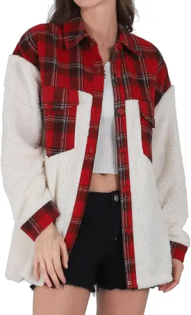utcoco Women's Flannel Button Down Fleece Jacket Fall Fuzzy Plaid Blouse Jacket Winter Lightweight Coats