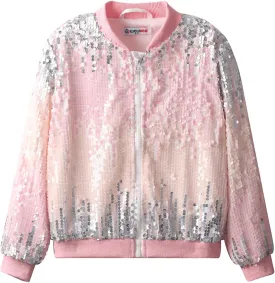 WELAKEN Girls' Ombre Sequin Bomber Jacket with Pockets Lightweight Sparkle Long Sleeve Zipper Gradient Jackets for Kid