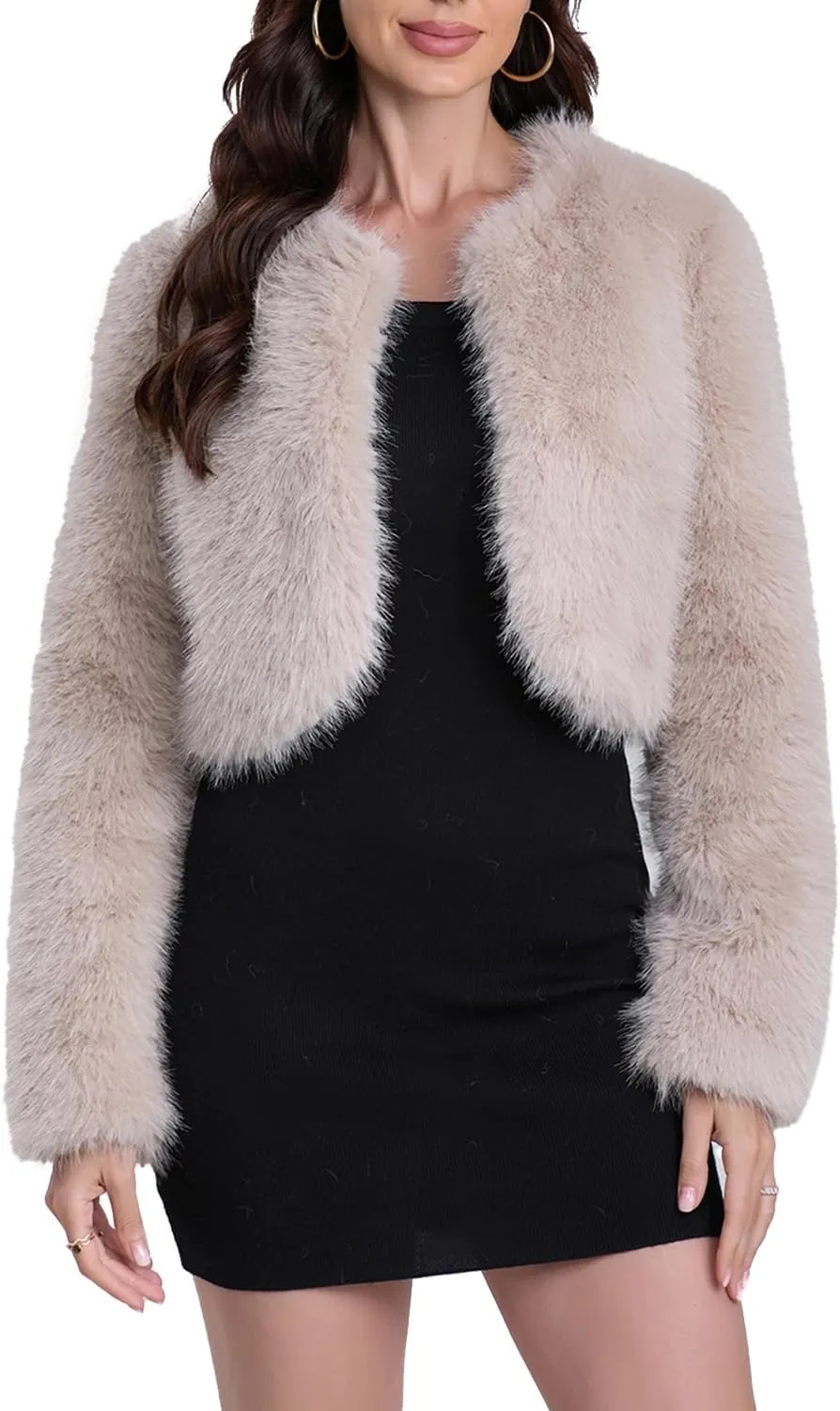 Women's Faux Fur Cropped Coat Long Sleeve Open Front Winter Jacket