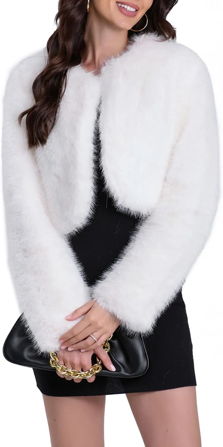 Women's Faux Fur Cropped Coat Long Sleeve Open Front Winter Jacket