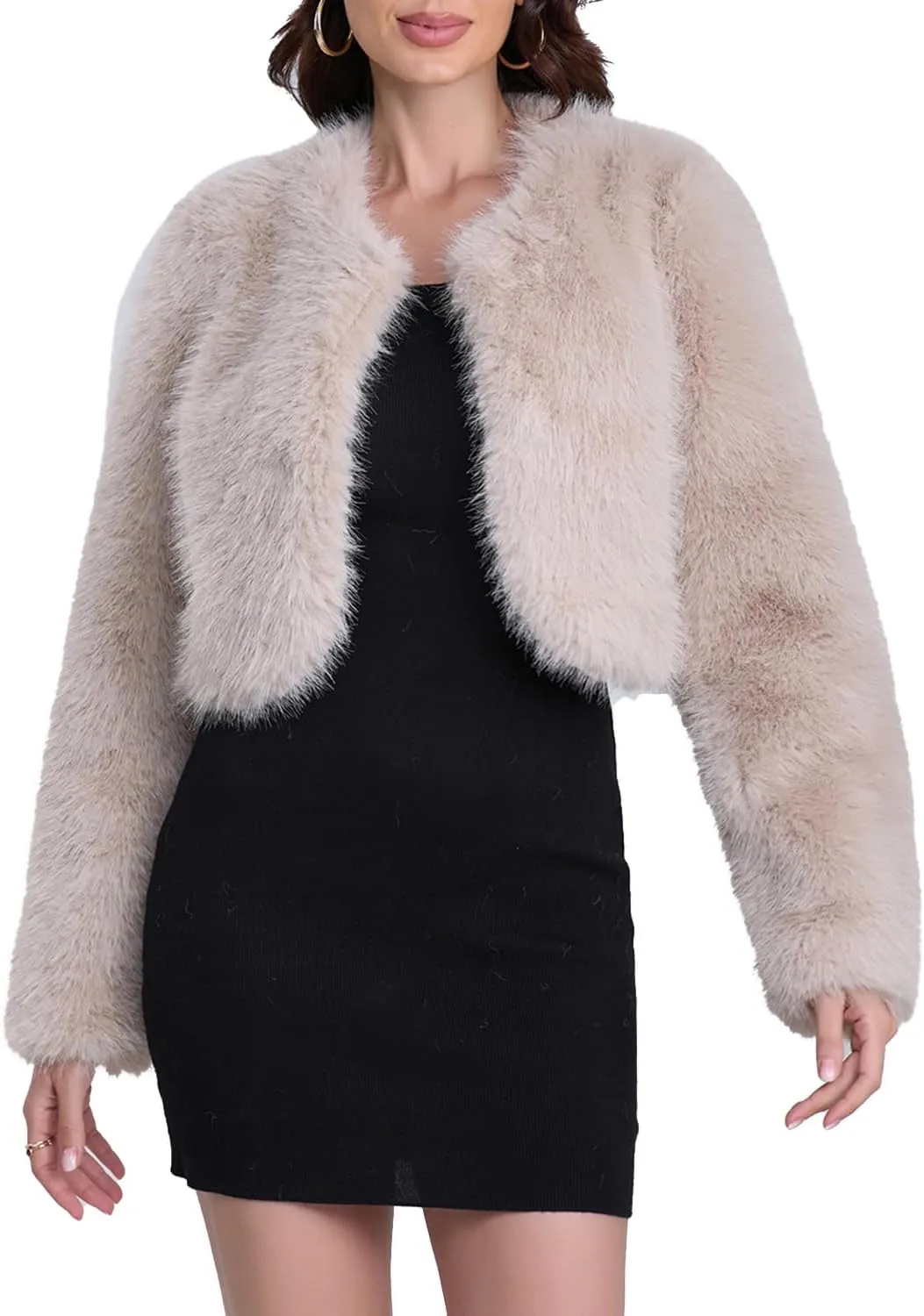 Women's Faux Fur Cropped Coat Long Sleeve Open Front Winter Jacket