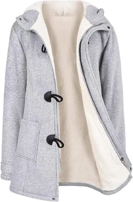 Womens Sherpa Lined Coats Winter Warm Fashion Horn Button Fleece Thicken Hooded Casual Jackets Long Sleeve Outerwear