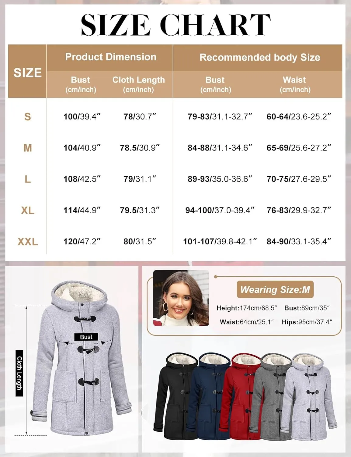 Womens Sherpa Lined Coats Winter Warm Fashion Horn Button Fleece Thicken Hooded Casual Jackets Long Sleeve Outerwear