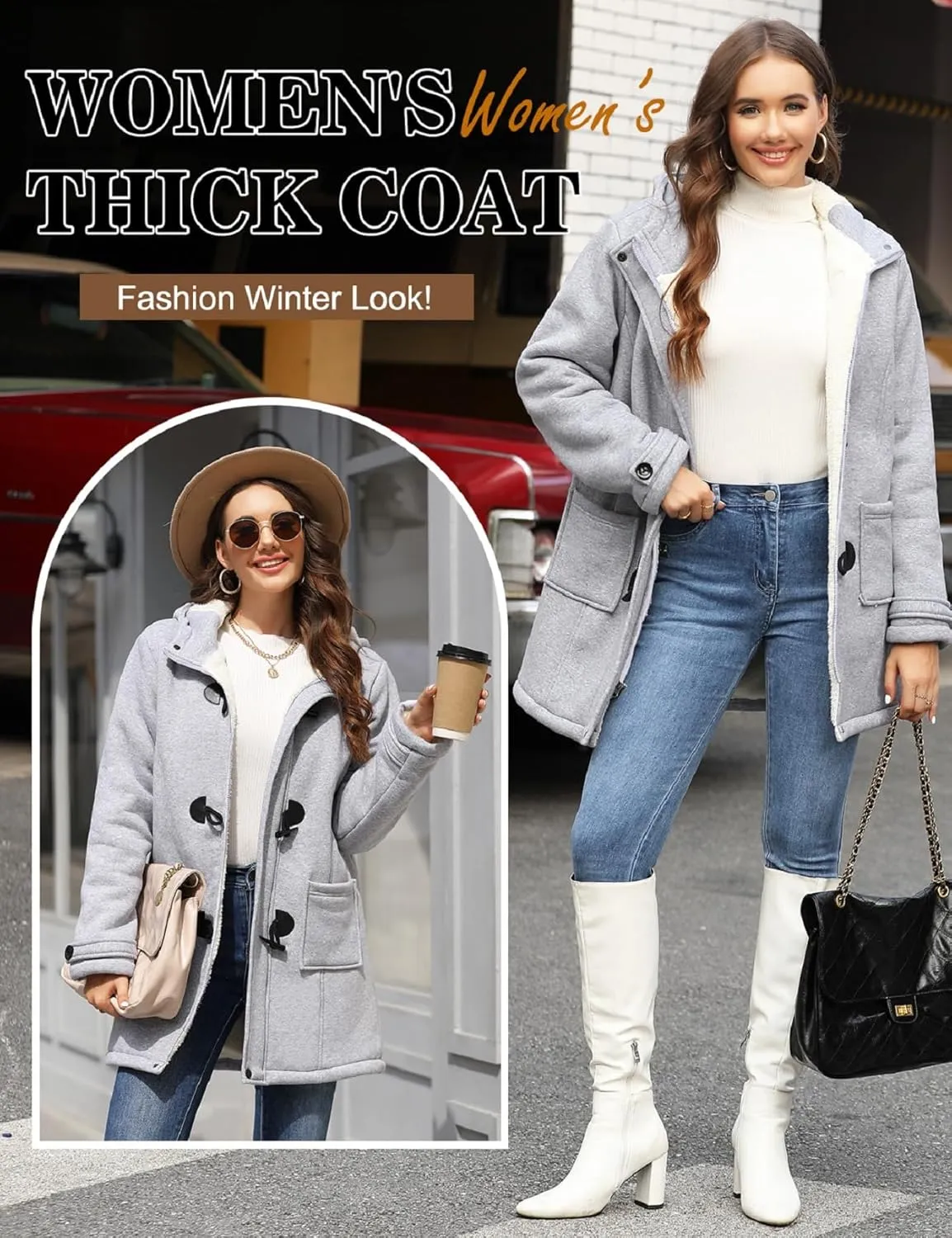 Womens Sherpa Lined Coats Winter Warm Fashion Horn Button Fleece Thicken Hooded Casual Jackets Long Sleeve Outerwear
