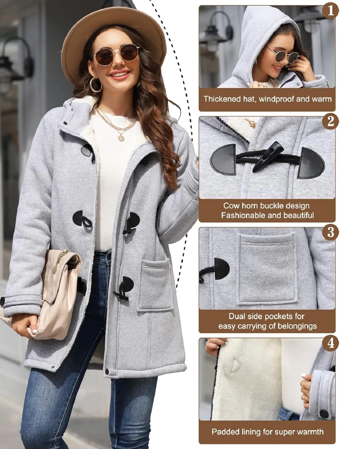 Womens Sherpa Lined Coats Winter Warm Fashion Horn Button Fleece Thicken Hooded Casual Jackets Long Sleeve Outerwear