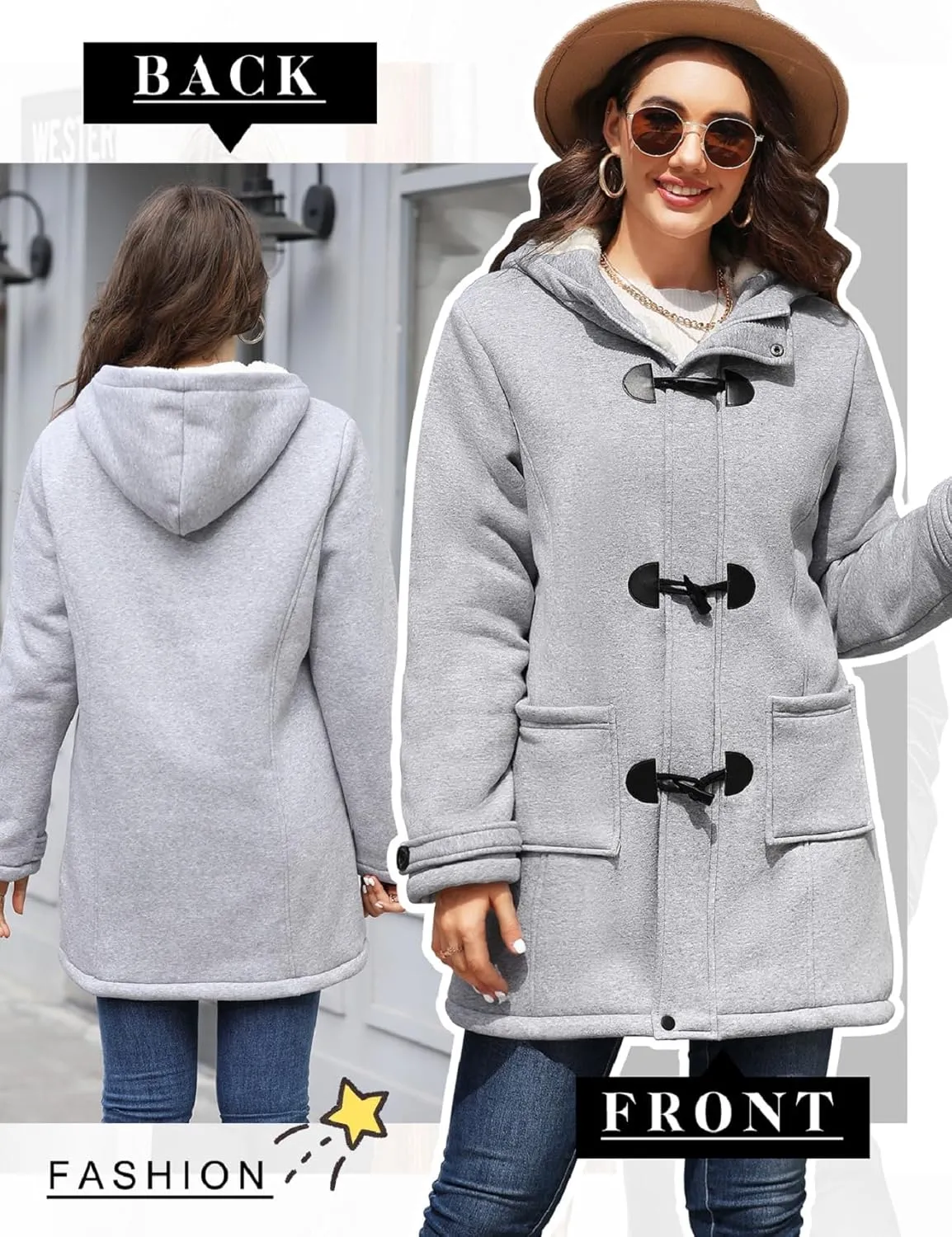 Womens Sherpa Lined Coats Winter Warm Fashion Horn Button Fleece Thicken Hooded Casual Jackets Long Sleeve Outerwear