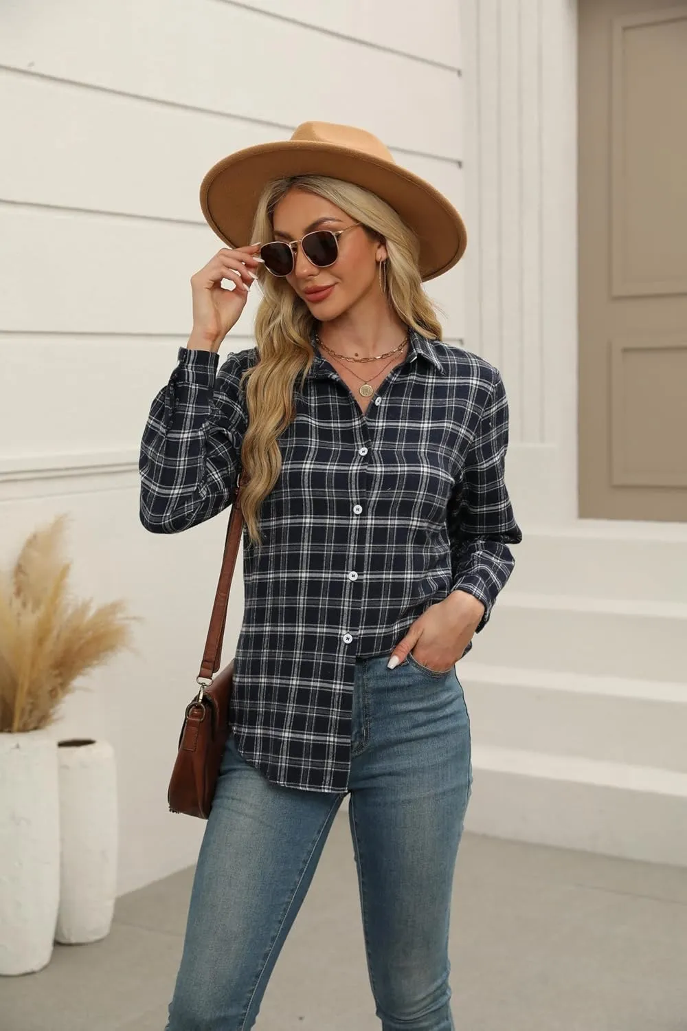 Zeagoo Flannel Shirt Women Button Down Long Sleeve Plaid Shirts Collared 2024 Casual Work Tops S-2Xl