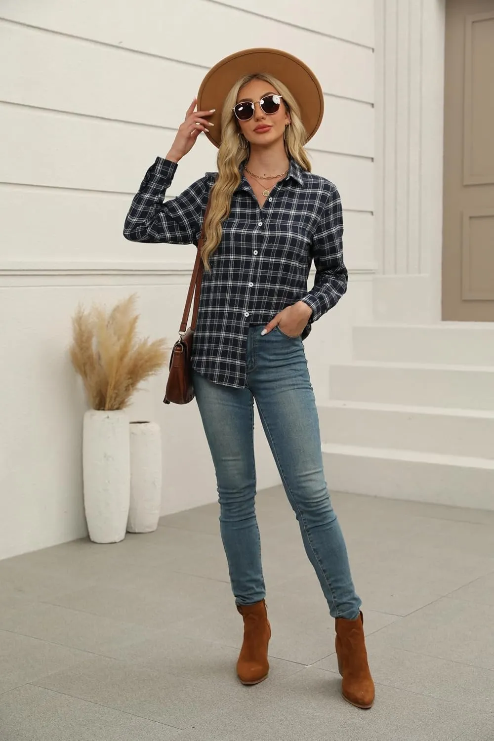 Zeagoo Flannel Shirt Women Button Down Long Sleeve Plaid Shirts Collared 2024 Casual Work Tops S-2Xl