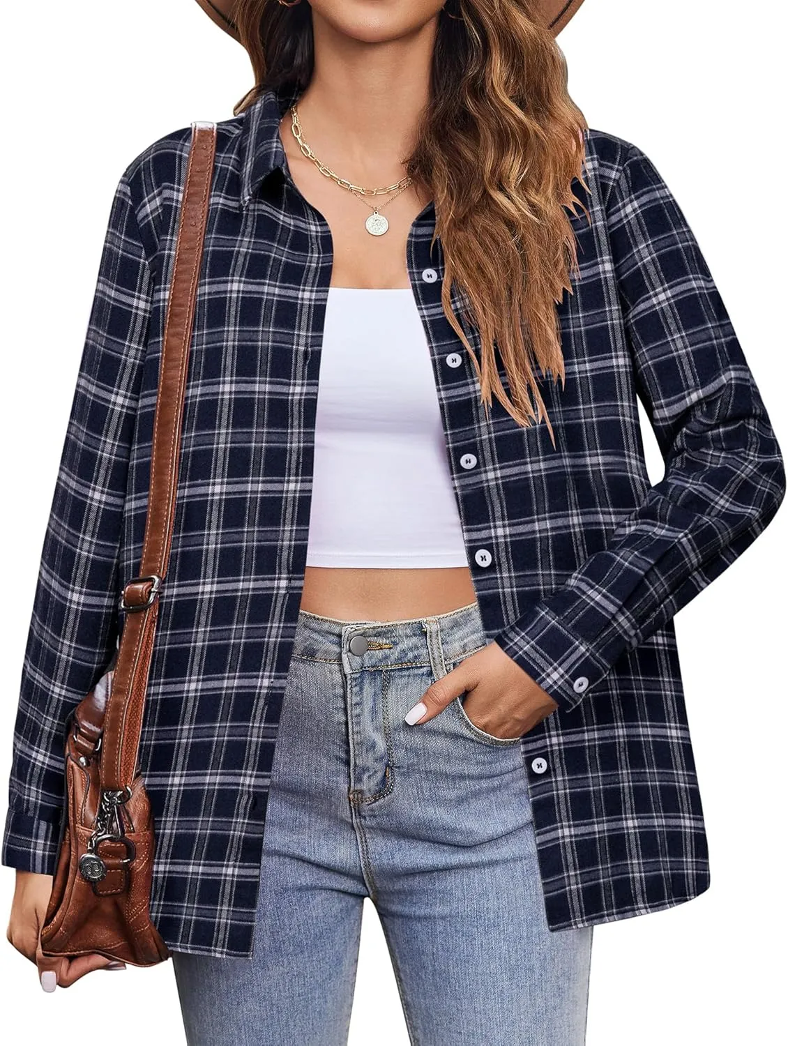 Zeagoo Flannel Shirt Women Button Down Long Sleeve Plaid Shirts Collared 2024 Casual Work Tops S-2Xl