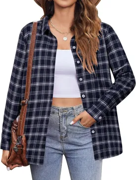 Zeagoo Flannel Shirt Women Button Down Long Sleeve Plaid Shirts Collared 2024 Casual Work Tops S-2Xl