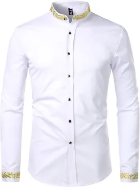 ZEROYAA Men's Luxury Gold Embroidery Design Slim Fit Long Sleeve Button Up Dress Shirts