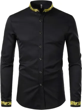 ZEROYAA Men's Luxury Gold Embroidery Design Slim Fit Long Sleeve Button Up Dress Shirts